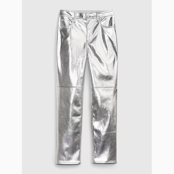 Gap Cheeky Straight High Rise Silver Vegan Leather Pants Size 28 - Picture 2 of 14